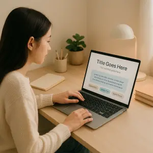 Ilustrasi proses pembuatan PowerPoint oleh mahasiswa dengan suasana meja belajar yang rapi dan estetik.